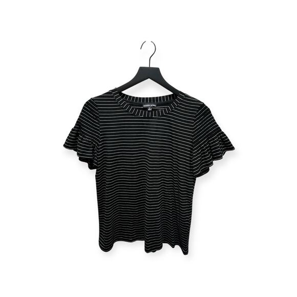 Modern Works Women’s Small Blouse Crewneck Top Striped Black Short‎ Sleave 420 - Picture 1 of 8